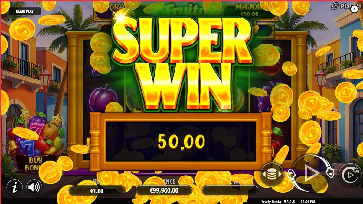 Tampilan visual slot Fruity Fiesta dengan simbol neon dan latar belakang karnaval
