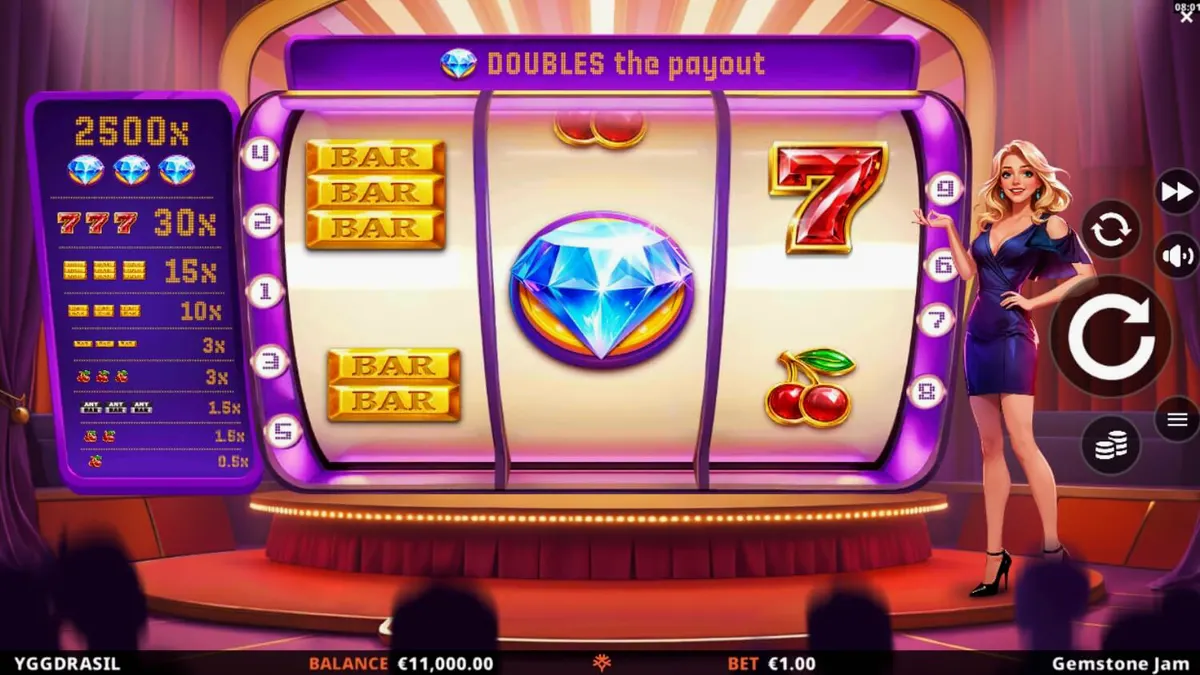 Tampilan visual slot Gemstone Jam dengan tema panggung game show yang mewah